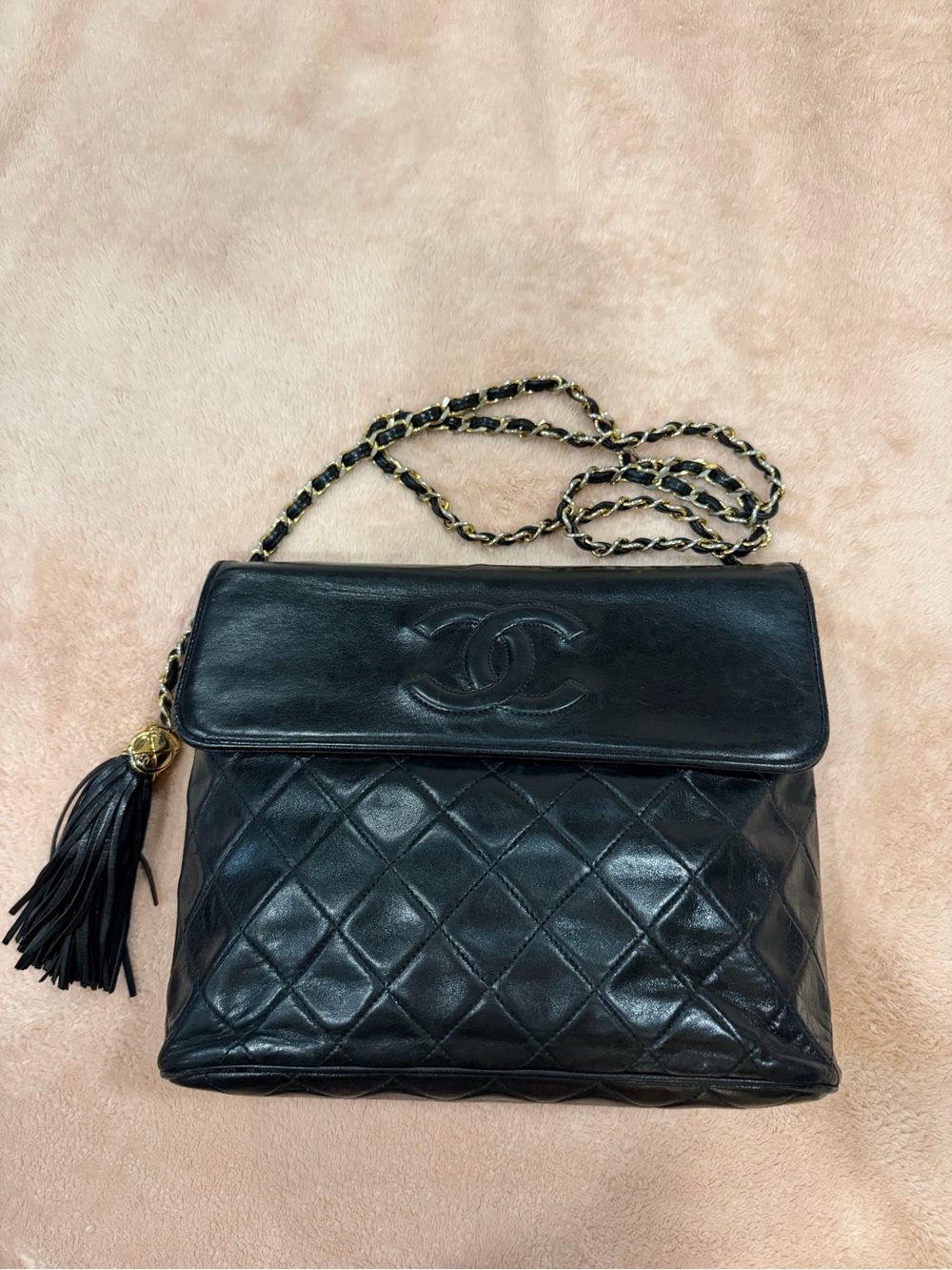 CHANEL Black Quilted Lambskin Leather Vintage Flap Bag with Tassel and Chain
